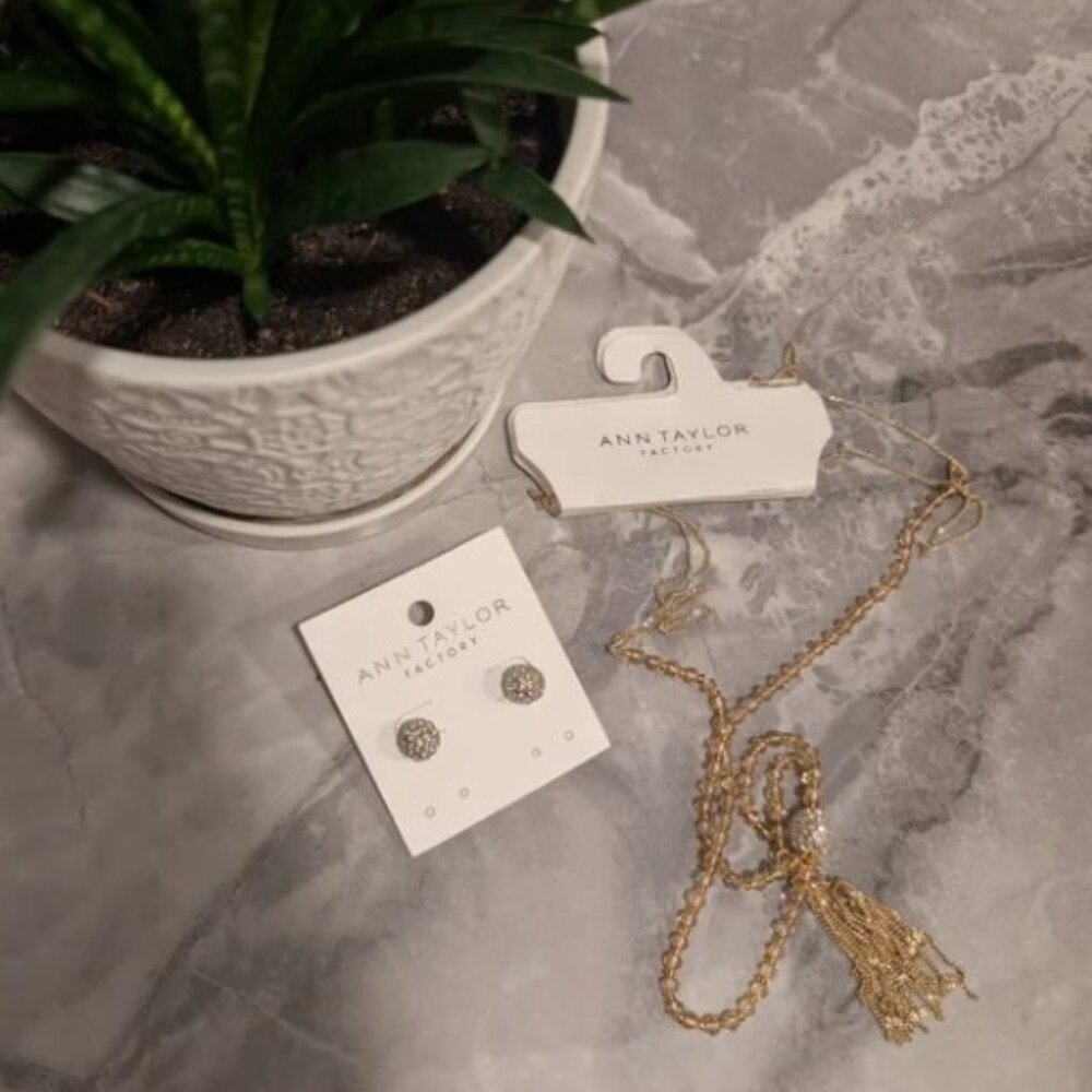 Ann Taylor Gold Crystal Ball Earrings & Necklace Set